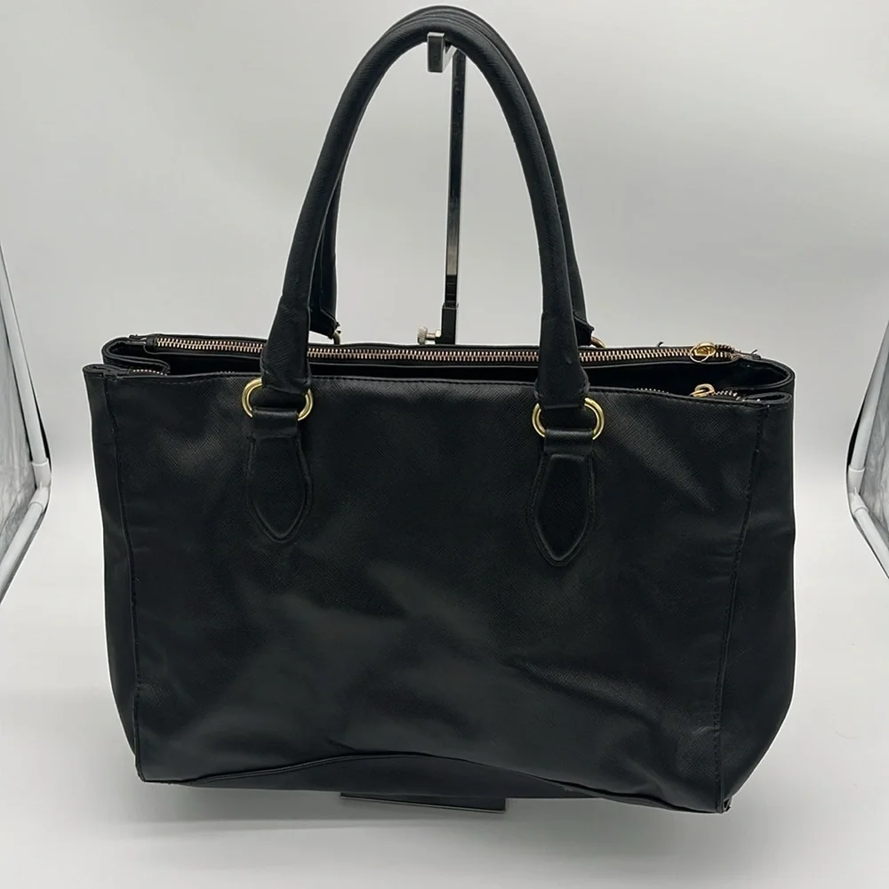 Co-Lab Black Leather Double Handles 3 Pocket Handbag BLEMISH